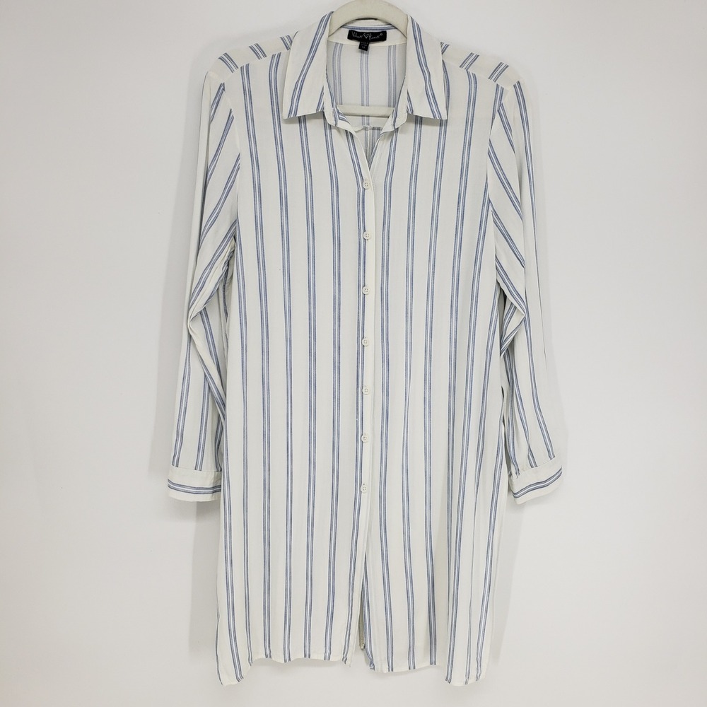 Velvet Heart Striped Button Down Tunic Shirt Women Size M White Blue Long Sleeve